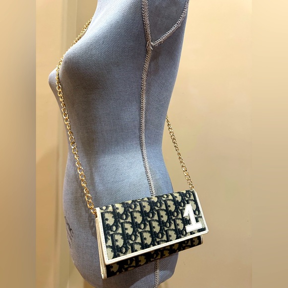 Dior trotter long wallet blue/cream #1 w/added unbranded chain - Picture 1 of 13
